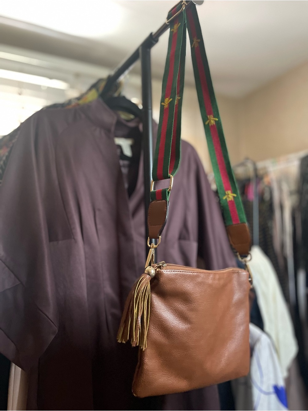 Brown Leather Crossbody Bag with Embroidered Strap